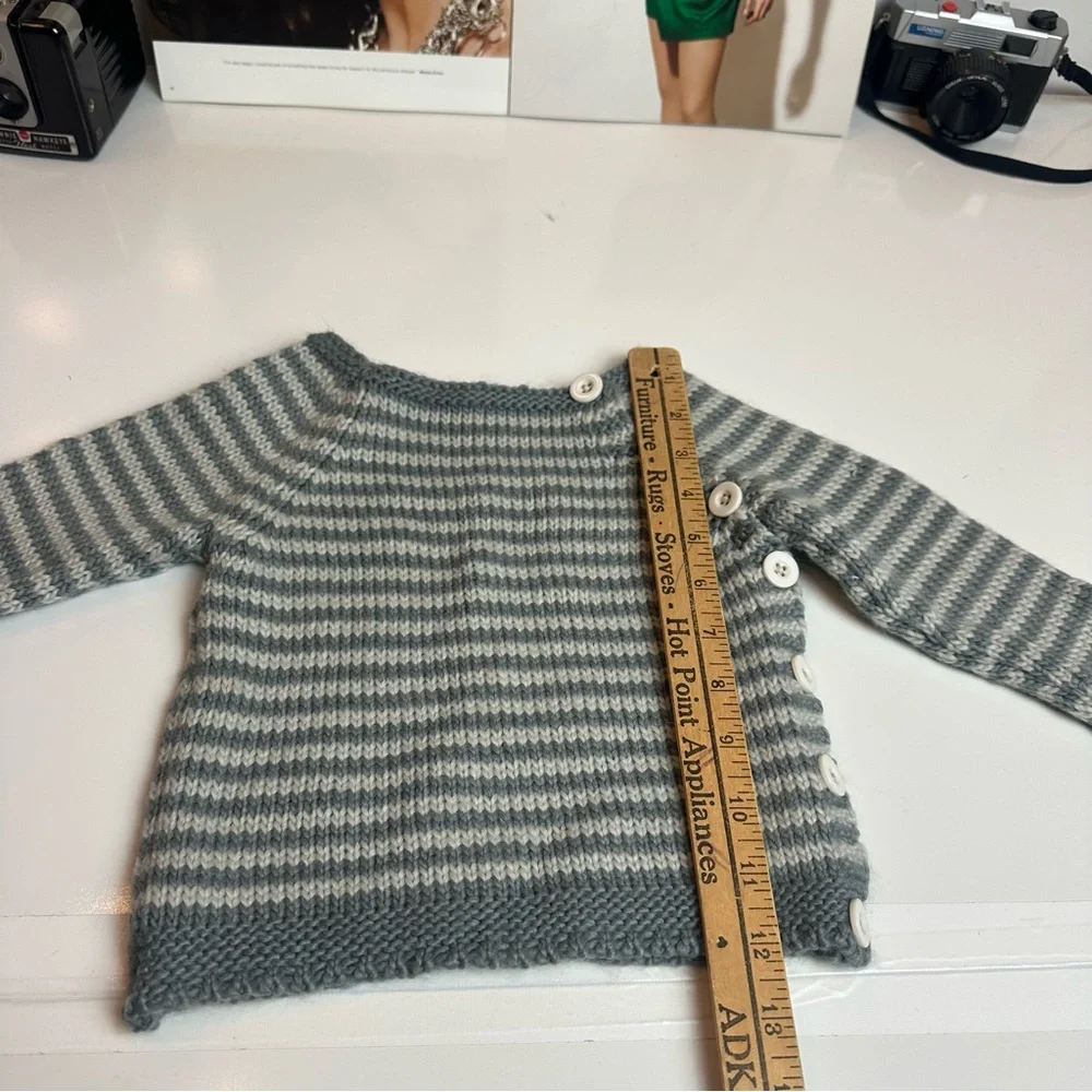 Hand-Knit Baby Sweater | Gray White Stripe · Button Shoulder · 6–9M
